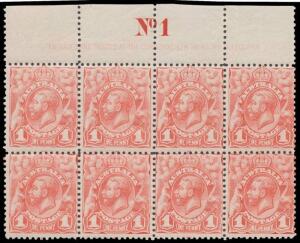 Blocks of 8 from the top of the sheets with complete Plate Numbers 'No 1', 'No 2' and 'No 4', minor perf separation/reinforcing in the margins only otherwise unmounted, Cat $925+ (mounted). Unusually fine. (3 blocks)