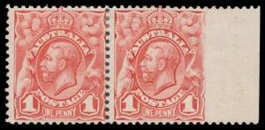 1d pale red Plate 1 horizontal pair from the right of the sheet Imperforate at Right BW #59be, Cat $1500. [Superior centring to Hugh Morgan's pair that sold in September 2012 for £900]