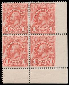 1d pale red Plate 1 corner block of 4 from the lower-right of the sheet Imperforate at Right BW #59be, Cat $3000+.