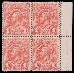 1d red marginal block of 4 from the right of the sheet with Double Perforations at Right BW #59bi, Cat $350+.