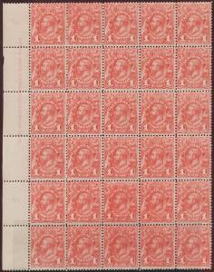 PLATE ONE: 1d pale red BW #59A two blocks of 30 (5x6) comprising Rows 4-9 with 13 listed varieties & annotations of many others, complete imprint at both sides, generally well centred, unmounted, Cat $1500++ (as unmounted singles plus premiums for the var