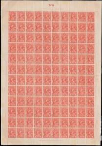 PLATE THREE: 1d red BW #59C complete sheet of 120 (10x12) divided between the 6th & 7th rows with complete Plate Number 'No 3' at the top and complete imprints on all sides, 7 units with listed varieties, some perf separation & reinforcing & some minor pe