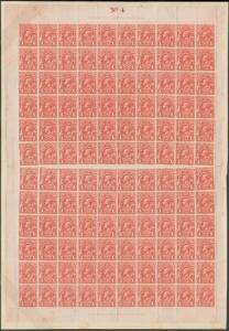 PLATE FOUR: 1d red BW #59C complete sheet of 120 (10x12) divided between the 6th & 7th rows with complete Plate Number 'No 4' at the top and complete imprints on all sides, 14 units with listed varieties, many units are unmounted, Cat $2250++ (as mounted 