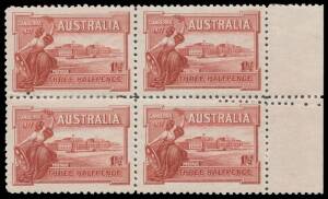 PENNY HALFPENNY: 1&frac12;d lake marginal block of 4 from the right of the sheet with Double Horizontal Perforations Between BW #132bc, Cat $600+.