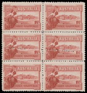 PENNY HALFPENNY: 1&frac12;d lake block of 6 (2x3) with Aberrant Horizontal Perforations through the Second Row BW #132bc.va, the four lower units are unmounted.
