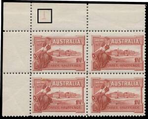 PENNY HALFPENNY: Upper-Left Corner Blocks of 4 with Plate Numbers: 1&frac12;d lake with almost complete Plate Number '1' BW #132z, well centred, minor blemish on the reverse of the third unit, unmounted, Cat $4000 (mounted). [More attractive than the similar blo
