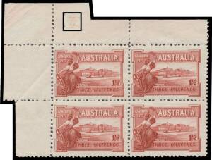 PENNY HALFPENNY: 1&frac12;d lake with light but complete Plate Number '3' BW #132zb, creased at upper-left before guillotining, unmounted, Cat $2500 (mounted). [Of Plate Number '3' the ACSC states that nine blocks are recorded. Superior to the unmounted block - 