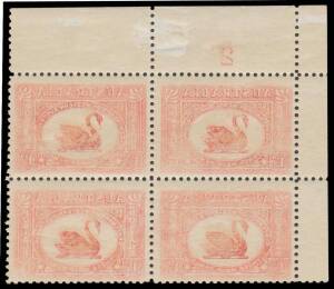 PERFORATED 'OS': 1&frac12;d red upper-left corner block of 4 with Plate Number '2' and Strong 100% Offset on All Units, a couple of very minor thin spots in the upper margin, the lower units very lightly mounted & the upper units unmounted. Unlisted in the ACSC.