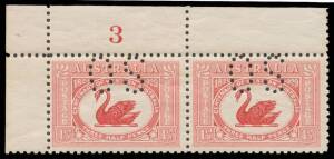 PERFORATED 'OS': 1&frac12;d red upper-left corner pair with Plate Number '3' and Misplaced 'OS', unmounted. Offered "as is".