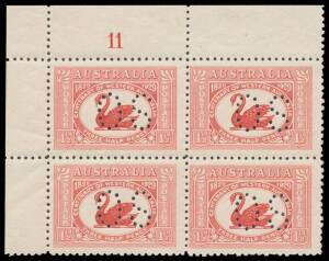 PERFORATED 'OS': 1&frac12;d red upper-left blocks of 4 with Plate Numbers '1', '2', '4', '5', '8', '10' & '11', a few very minor imperfections, unmounted, Cat $2450+ (mounted). A rare & desirable group that are necessarily offered "as is". (7 blocks)