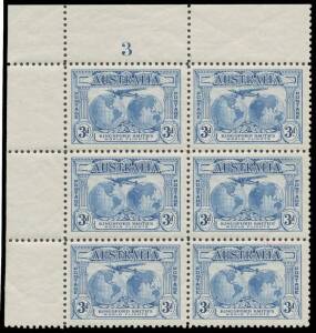 THREEPENCE: 3d blue upper-left corner block of 6 (2x3) with Plate Number '3', the fifth unit with Plane Dropping Mailbag, unmounted, Cat $175+.