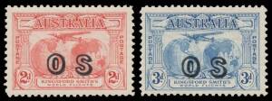 OVERPRINTED 'OS': 2d red & 3d blue BW #141(OS) & 142(OS) (SG O123-4), unmounted, Cat $1025 (&pound;325, mounted). Advertised retail $875 including expertising.