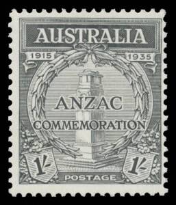 1935 ANZAC Commemoration 1/- black Perf 13&frac12;x12&frac12; BW #165PP(1), unmounted, Cat $2500 (&pound;1200 - mounted - in a footnote below SG 155). Unissued: the issued stamp is Perf 11. [The ACSC states it is a "plate proof". Only one sheet of 120 was printed but only pa