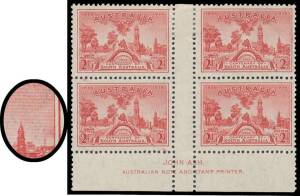 1936 South Australia Centenary 2d red with Smoking Chimney Retouch in an imprint block of 4 BW #171za, well centred, the upper units with a couple of minor imperfections, the lower units - including the variety - are unmounted, Cat $2500+.