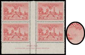 1936 South Australia Centenary 2d red with Retouch below 'AU of 'AUSTRALIA' in an imprint block of 4 BW #171zb, unmounted, Cat $325.