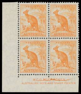 HALFPENNY KANGAROO: &frac12;d orange McCracken Imprint block of 4 with Cracked Imprint (Advanced State; the crack is 26mm long) BW #178zba, unmounted, Cat $450.