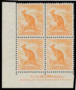 HALFPENNY KANGAROO: &frac12;d orange McCracken Imprint block of 4 with Cracked Imprint (Late State; the crack is 30mm long) BW #178zba, the upper units lightly mounted, the lower units unmounted, Cat $600.