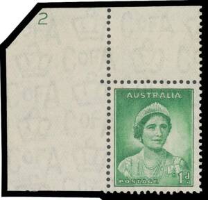 ONE PENNY QUEEN MOTHER: 1d green Die I upper-left corner single with complete Plate Number '2', unmounted, Cat $1500 (for a mounted block of 4).