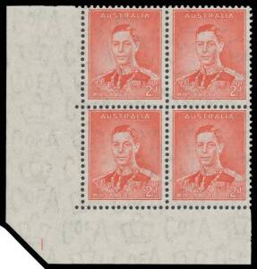 TWO PENCE KING GEORGE VI: 2d scarlet Die I lower-left corner block of 4 with complete Plate Number '1', the lower units are unmounted, Cat $500.