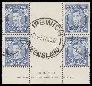 THREE PENCE KING GEORGE VI: 3d blue Die I "White Leaves" imprint block of 4 BW #190za, 'IPSWICH/ 11OC37/QUEENSLAND' cds, Cat $800 mint but much scarcer used.