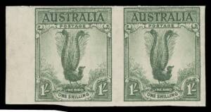 ONE SHILLING LYREBIRD: 1/- green marginal Imperforate Horizontal Pair from the left of the sheet, lightly mounted, Cat $750. [See the ACSC at page 6/29]