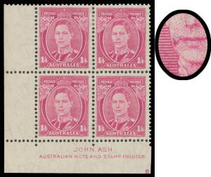 ONE SHILLING FOUR PENCE KING GEORGE VI: 1/4d bright magenta imprint block of 4 with Cigarette Flaw BW #211zb on the second unit, the lower units are unmounted, Cat $500.