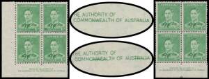 THREE HALFPENCE KING GEORGE VI: 1&frac12;d green Authority Imprint corner & centre blocks of 4 with Cracked Plates BW #185zc (unmounted) & zg (the lower units are unmounted), Cat $700.