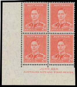 TWO PENCE KING GEORGE VI: 2d scarlet Coil Perforations (Uniformly Large Holes) BW #188bh Ash Imprint block of 4, three units unmounted, Cat $1000 (mounted). [See ACSC Note 5]