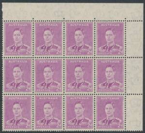 TWO PENCE KING GEORGE VI: 2d scarlet Medallion Flaw BW #188e being the second-last unit in a block of 8 (4x2), the variety is unmounted; and 2d mauve same variety in an unmounted corner block of 12 (4x3), Cat $340+. (2 blocks)