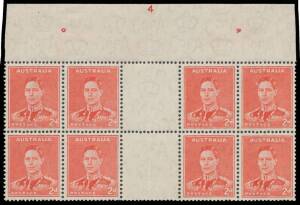 TWO PENCE KING GEORGE VI: 2d scarlet gutter block from the top of the sheet with complete Plate Number ' 4 ', mounted in the margins only otherwise unmounted, Cat $2000.
