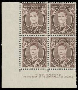 THREE PENCE KING GEORGE VI: 3d purple-brown with Ink Stripping (White Face) BW #196c Authority imprint block of 4, unmounted, Cat $300++. With a normal imprint block for comparison.