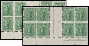 FOUR PENCE KOALA: 4d green on Thin Paper block of 8 from the base of the sheet with Authority Imprint, very well centred, unmounted. Unlisted in the ACSC for this issue. With a normal imprint block for comparison.