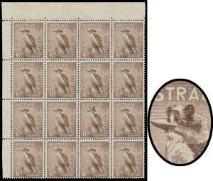 SIX PENCE KOOKABURRA: 6d brown upper-left corner block of 16 (4x4), the ninth unit with the famous "Top Hat" Variety BW #203o, well centred, hinge remainders in the upper margin & a couple of upper units mounted, other units - including the variety - are 