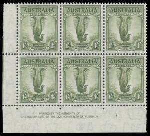 ONE SHILLING LYREBIRD: 1/- olive-green on Thin Paper block of 6 from the base of the right-hand pane with Authority Imprint, well centred, unmounted. Unlisted in the ACSC for this issue. With a normal imprint block of 4 for comparison. (2 blocks)