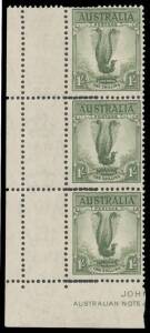 ONE SHILLING LYREBIRD: 1/- green vertical corner strip of theree from the lower-left of the sheet with an Extra Comb of Perforations in the Gutter at Left resulting in partial Horizontal Double Perfs on all units, the top stamp very lightly mounted otherw