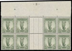 ONE SHILLING LYREBIRD: 1/- green block of 8 (4x2) from the top of the sheet with complete Plate Number '- 3 -' BW 209z, well centred, folded in the gutter, mounted in the margins only with all units being unmounted, Cat $5000 (mounted). Unique: one of the