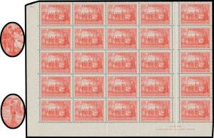 TWO PENCE: 2d red lower-left corner block of 25 with Man with Tail BW #175e, Pantaloon Flaw (state?) #175fa (?) & central imprint, unmounted, Cat $1750++. A rare & desirable positional piece.
