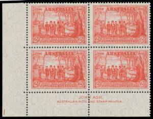 TWO PENCE: 2d scarlet lower-left imprint block of 4 with complete Plate Number '1', the lower units are unmounted, Cat $600.
