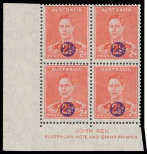'2&frac12;d' on TWO PENCE: '2&frac12;d' on 2d scarlet with Misplaced Surcharge BW #196c with the misplacement to the left imprint block of 4, Cat $1600++. Unpriced thus by the ACSC and a key item for the collector of imprint blocks.