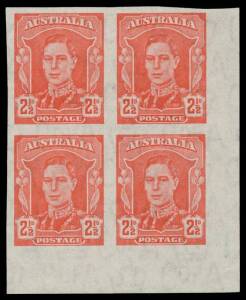 TWO PENCE HALFPENNY: 2&frac12;d scarlet Imperforate Block of 4 from the lower-right corner of the sheet, unmounted, Cat $1000+. [See ACSC at pp6/28-29]