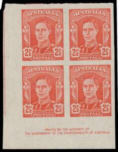 TWO PENCE HALFPENNY: 2&frac12;d scarlet Imperforate Imprint Block of 4 from the lower-left corner of the right-hand pane, characteristic light fold in the gutter, unmounted, Cat $2000+. [See ACSC at pp6/28-29; unpriced as an imprint block]