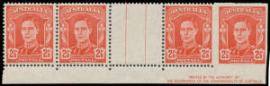 TWO PENCE HALFPENNY: 2&frac12;d scarlet gutter strip of 4 from the base of the sheet with the last unit Imperforate on All Sides and Authority Imprint, very lightly mounted. A wonderful item for the collector of this series or of imprints. [This is a different e