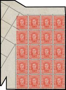 TWO PENCE HALFPENNY: 2&frac12;d scarlet upper-left corner block of 20 (4x5), the first two left-hand units are Partly Imperforate because of a paper fold, unmounted. A spectacular exhibition piece. Rare & unlisted in the ACSC. [The similar error on the 1&frac12;d green