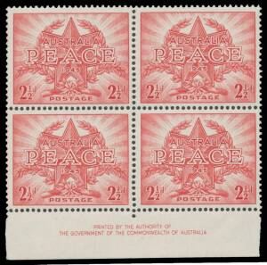 1946 Peace 2&frac12;d carmine with No Watermark block of 4 with Authority Imprint, unmounted, Cat $600 as singles (see the ACSC at page 6/29); unpriced as an imprint block. [Stuart Hardy's similar imprint block of 4 - noted as "possibly only four known" - sold f