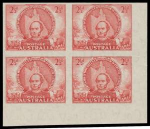1946 Sir Thomas Mitchell 2&frac12;d carmine Imperforate block of 4 from the lower-right corner of the sheet, unmounted, Cat $600 as singles (see the ACSC at page 6/29); unpriced as an imprint block. [Stuart Hardy's upper-right corner block of 4 sold for $747]