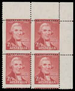 1947 Newcastle Sesquicentenary 2&frac12;d Lt Shortland corner block of 4 from the upper-right of the right-hand pane, the upper pair Imperforate Vertically, lightly mounted, Cat $1250++ (see the ACSC at page 6/29). [This is a very scarce item that in our opinion
