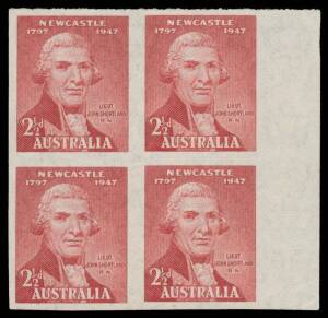 1947 Newcastle Sesquicentenary 2&frac12;d Lt Shortland marginal Imperforate block of 4 from the right of the sheet, unmounted, Cat $2000+ (for two pairs). [Absent from Stuart Hardy's collection]