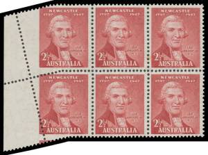1947 Newcastle Sesquicentenary 2&frac12;d Lt Shortland marginal block of 4 from the left of the sheet, the left-hand units with Misplaced Perfs as a result of a paper fold, unmounted. [Absent from Stuart Hardy's collection]