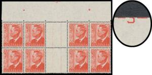 TWO PENCE HALFPENNY: 1950 KGVI 2&frac12;d scarlet gutter block of 8 (4x2) from the top of the sheet with 55% of Plate Number '-3-', mounted in the margin only otherwise unmounted, unlisted & unpriced in the ACSC: enough of the number is evident to confirm that i