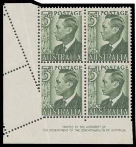 THREE PENCE: 1951 KGVI 3d dark green imprint block of 4, the third unit Partly Imperforate because of a paper fold.